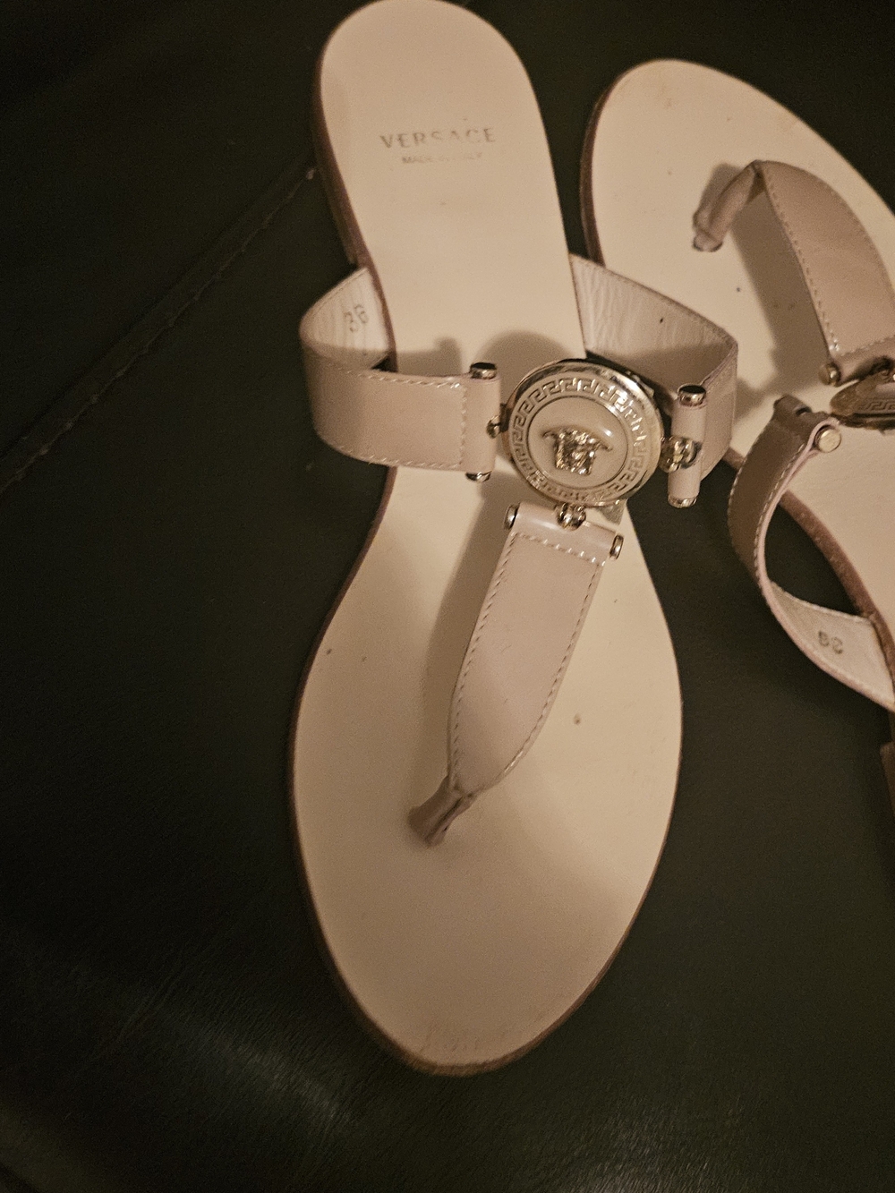 Versace Women's Beige Leather Thong Sandals with Medusa Emblem